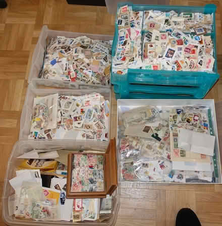 Photo of free Five containers of collectable postage stamps, on/off paper (Kingsway) #2