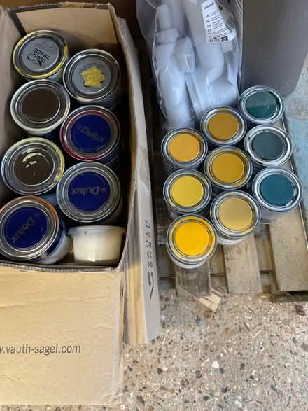 Photo of free Dulux tester pots yellows dark greens, reds, orange (London Rd, HW HP11) #1