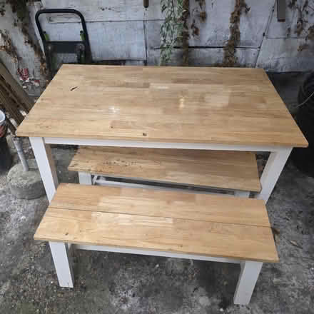 Photo of free Wooden table and two benches (Colliers Wood SW19) #1