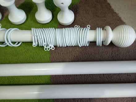Photo of free 2 white wooden curtain poles with rings (Shelton Lock DE73) #4