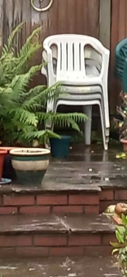 Photo of free 4 white garden chairs & a table (Hoddesdon EN11 8) #1