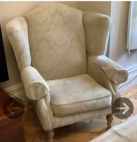 Photo of free 3 seater sofa, matching armchair, cushions and footstool (Teddington TW11) #1