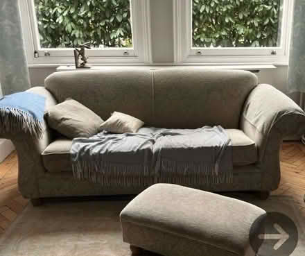Photo of free 3 seater sofa, matching armchair, cushions and footstool (Teddington TW11) #2