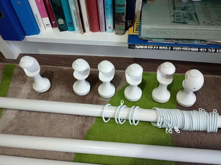 Photo of free 2 white wooden curtain poles with rings (Shelton Lock DE73) #1