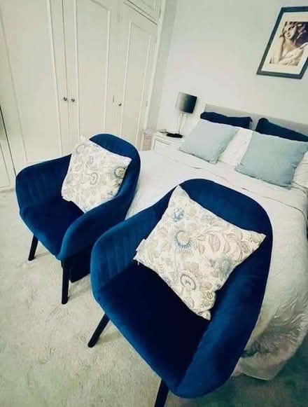 Photo of free Two velvet royal blue dining chairs (cushions not included) (Earls Court SW10) #1