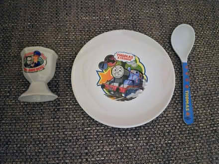 Photo of free Childrens Ceramic Plate, Egg Cup And Plastic Spoon (Handforth SK9) #1