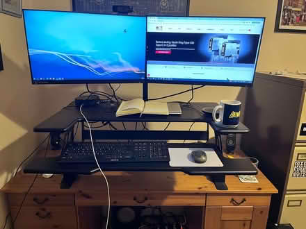 Photo of free Pine desk and standing desk raiser. Will split (Tarleton PR4) #1