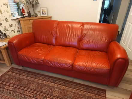 Photo of free Two Red Leather Sofas and matching Pouffe (Wallington PO16) #3