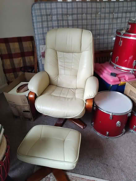Photo of free Cream leather recliner with stool (Badingham) #1