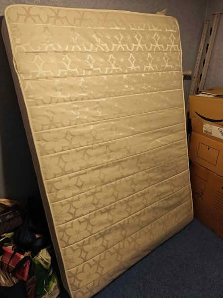 Photo of free 4'6" Grey Metal frame bed & Rest Assured mattress. (Barton OX3) #2