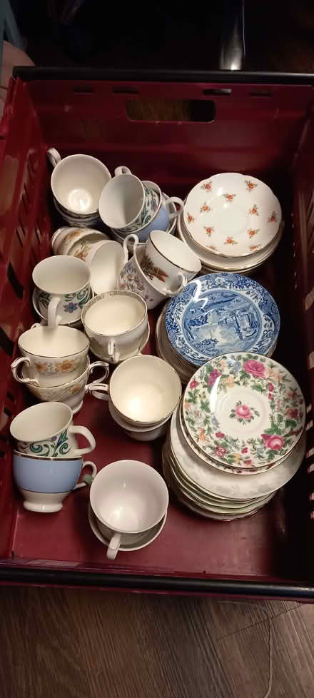 Photo of free Crate of mismatch China tea cups and saucers. (Penrith CA11) #1