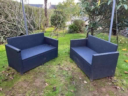 Photo of free Two plastic outdoor garden sofas with seat and back cushions (Penzance TR18) #1