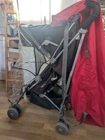 Photo of free Maclaren Quest with rain cover and red travel bag bag (St Margarets TW1) #2