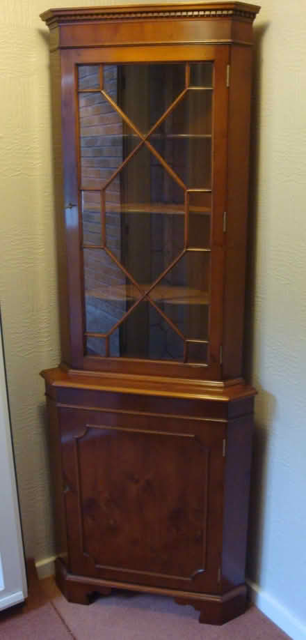 Photo of free Corner display cabinet (yew) (Streetly, Sutton Coldfield B74) #1