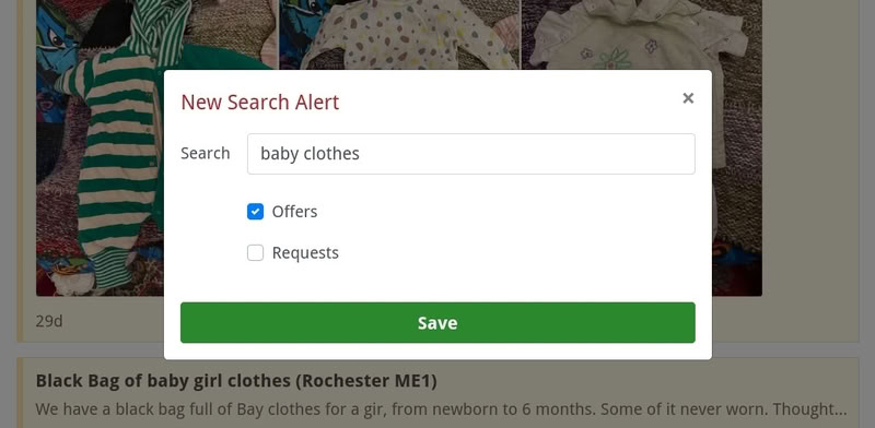 Screenshot of creating an alert on Trash Nothing
