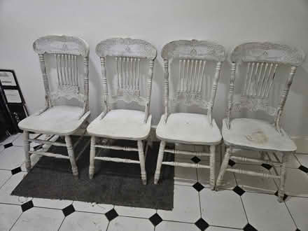 Photo of free 4 white shabby chic-ish wood chairs (Charlton, London, SE7) #1