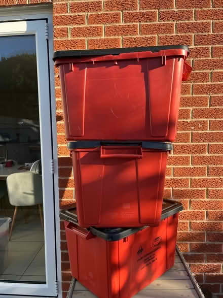 Photo of free 3 strong red storage tubs with lids (Wigston LE18) #2