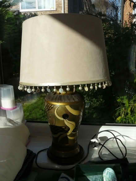 Photo of free Large/tall table/bedside lamp. Brown multi with cream shade (Kempsey WR5) #1