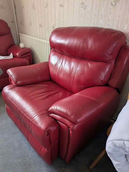 Photo of free Red leather 3 seat settee and armchair (Potters Bar EN6) #1
