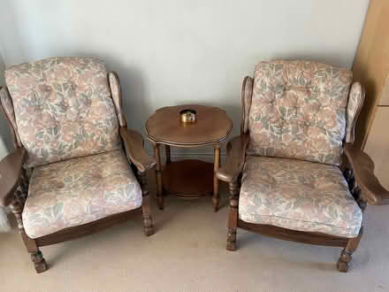 Photo of free 2x wooden arm chairs & coffee table (Coleridge Close Hitchin SG5) #1