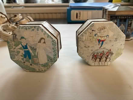 Photo of free 2 hexagonal painted tins with nursery rhyme pics (Gosport PO12) #1