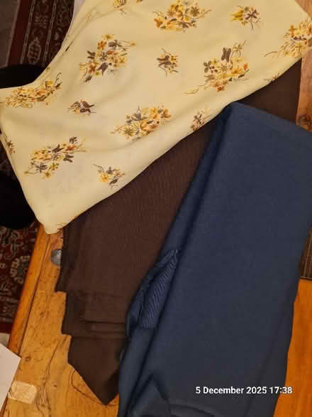 Photo of free Pair of gold curtain tie backs with three different pieces of crimplene off cutts. (Chatham ME5) #2