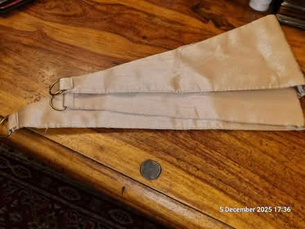Photo of free Pair of gold curtain tie backs with three different pieces of crimplene off cutts. (Chatham ME5) #1