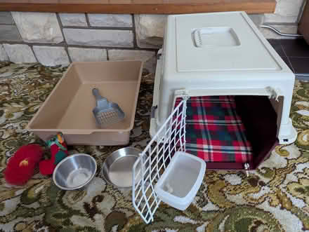 Photo of free Cat carrier, litter tray, bowls, toys (Costessey NR8) #1