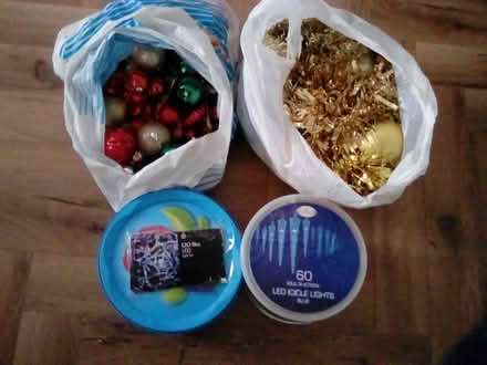 Photo of free Christmas baubles, tinsel and 2 sets of blue lights (Hazelhurst BL0) #1