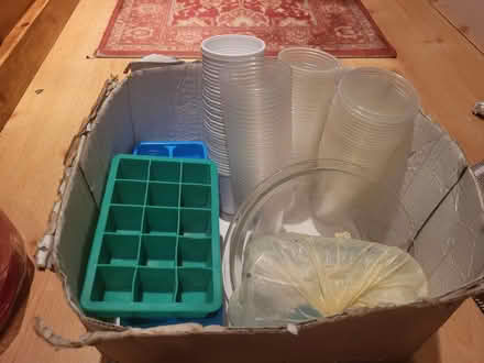 Photo of free Plastic cups & cultery, 8 ice cube trays, glass bowl (Round Green LU3) #1