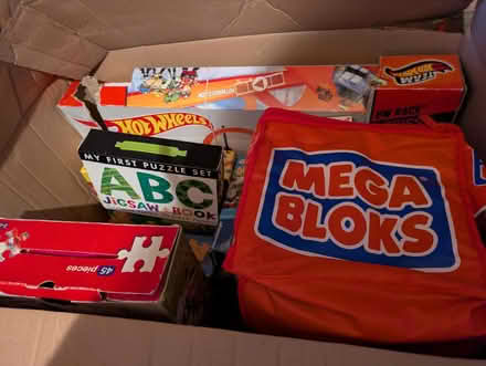Photo of free Mixed box of toys (bricks, puzzles, race track) (West Oxfordshire OX28) #1