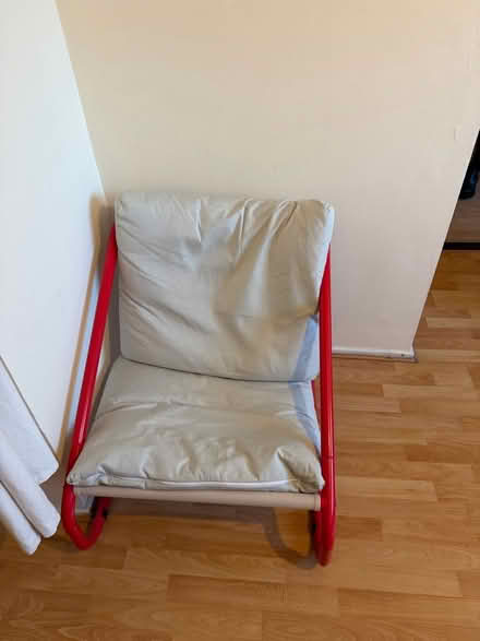 Photo of free Armchair red metal frame grey cushions (Battersea SW11) #1