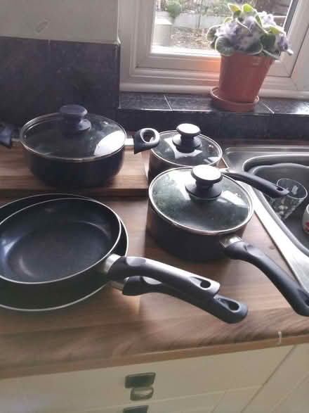 Photo of free 3 saucepan s with lids and 2 frying pan (Little Baddow CM3) #1