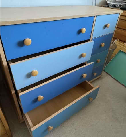Photo of free Chest of drawers, light wood effect with blue drawers (Frogmore GU17) #2