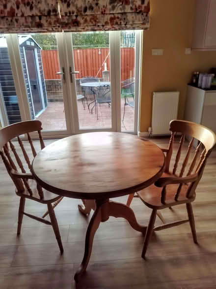 Photo of free Round pine table. Three foot diameter with 2 carver chairs. (Carrick Knowe EH12) #1