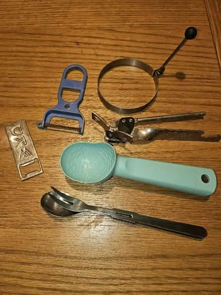 Photo of free Ice cream scoop, camping knife & fork, pealer, can opener, bottle opener and egg poaching ring (Cullercoats NE30) #1