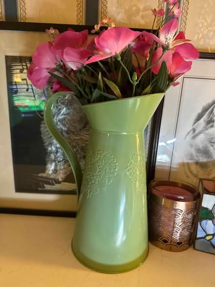 Photo of free Green metal jug and pink flowers (Ashford TW15) #1