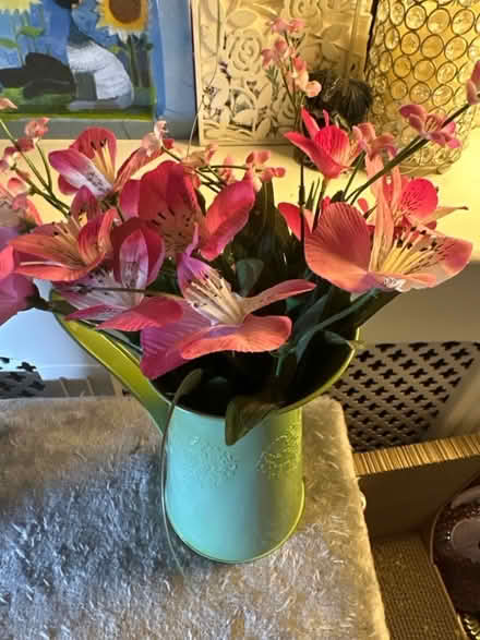 Photo of free Green metal jug and pink flowers (Ashford TW15) #2