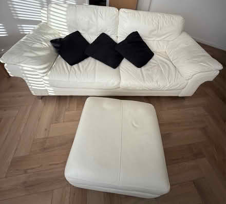 Photo of free White leather 3 seater sofa & footstool (Brecon LD3) #2