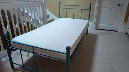 Photo of free Single bed, blue metal frame with ecocool memory foam mattress (Havant PO9) #1