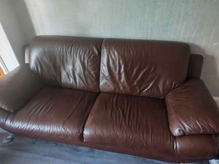 Photo of free 4 Three-Seater Leather Sofas & 1 Two-Seater Fabric Sofa (Olive Grove BD8) #2