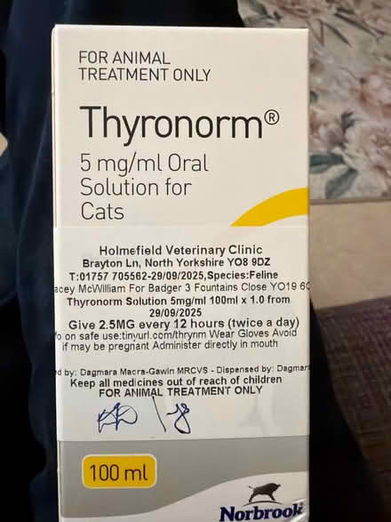Photo of free Thyronorm 5mg/ml cat medication (Oswaldkirk YO62) #1