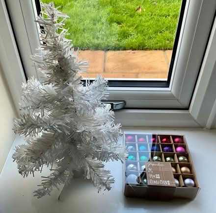 Photo of free Mini white Xmas tree and decorations (Arborfield Garrison RG2) #1