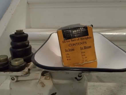 Photo of free Vintage 1960s Weylux scale with weights (brass and iron) (Kentish Town NW5) #1