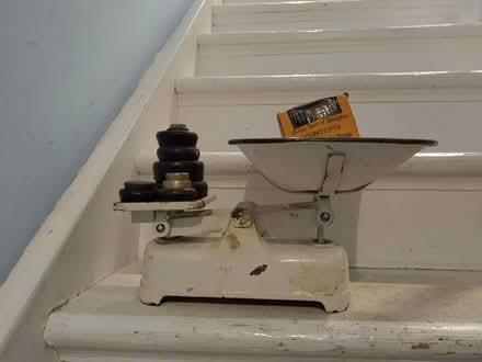 Photo of free Vintage 1960s Weylux scale with weights (brass and iron) (Kentish Town NW5) #1