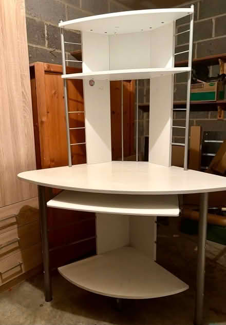 Photo of free Compact corner desk with shelves and keyboard tray (Teams NE11) #1