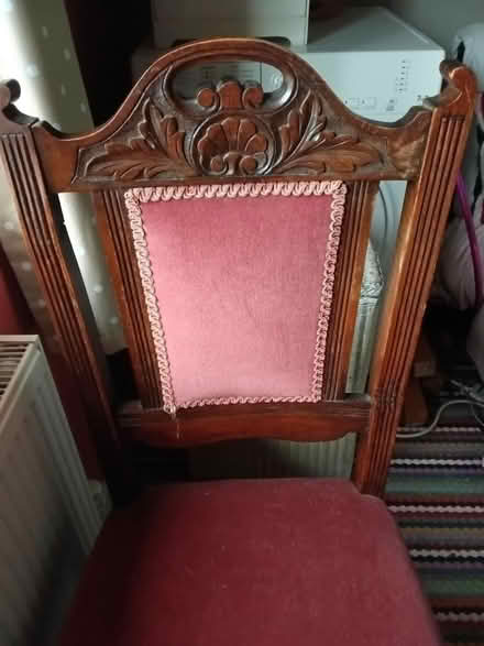 Photo of free 4x wood and velvet cushion chairs (stalybridge SK15) #1
