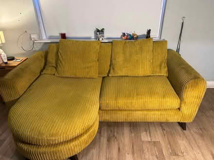 Photo of free 3 seater, jumbo cord, mustard sofa (Barnard Castle DL12) #1