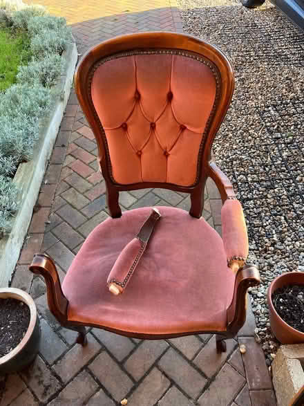 Photo of free Wooden upholstered chair for REPAIR (Barnham Broom NR9) #1