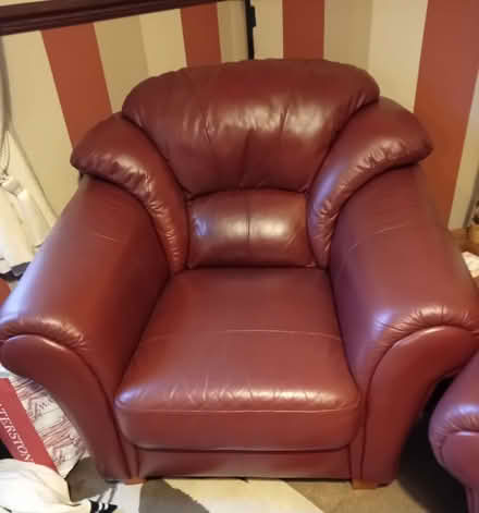 Photo of free Leather burgundy sofa & arm chair (Lowestoft NR32) #2